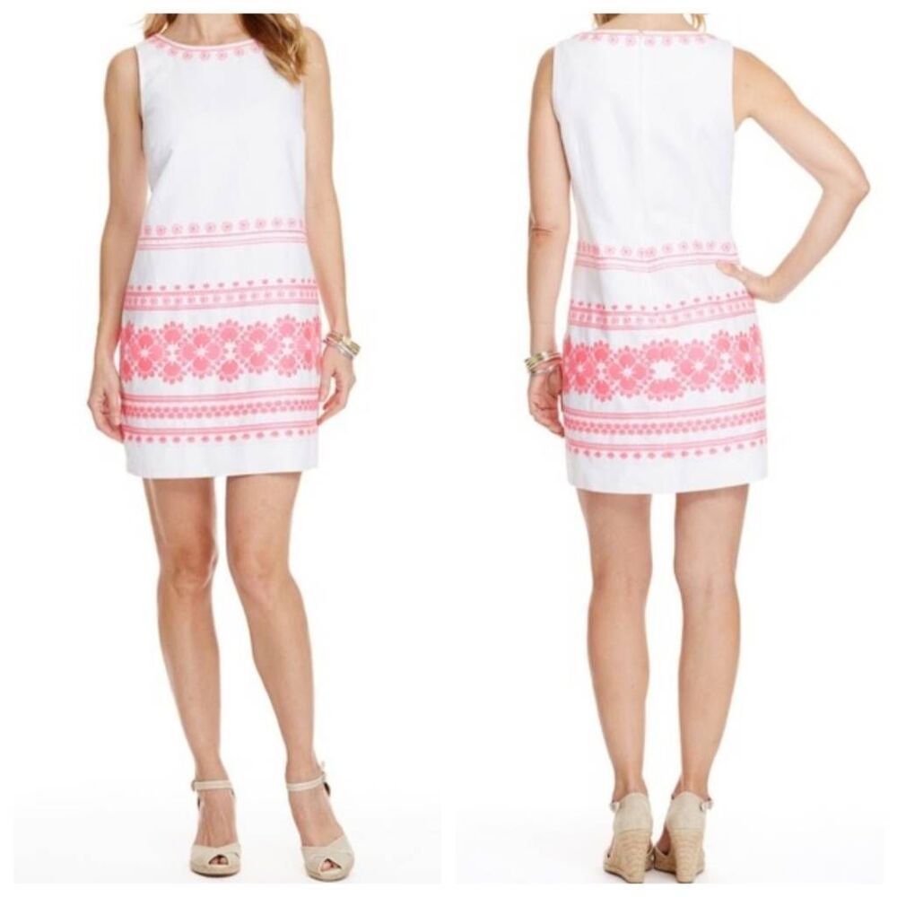 Vineyard Vines White Pink Embroidered Linen Cotton Shift Dress 2 Preppy Femme